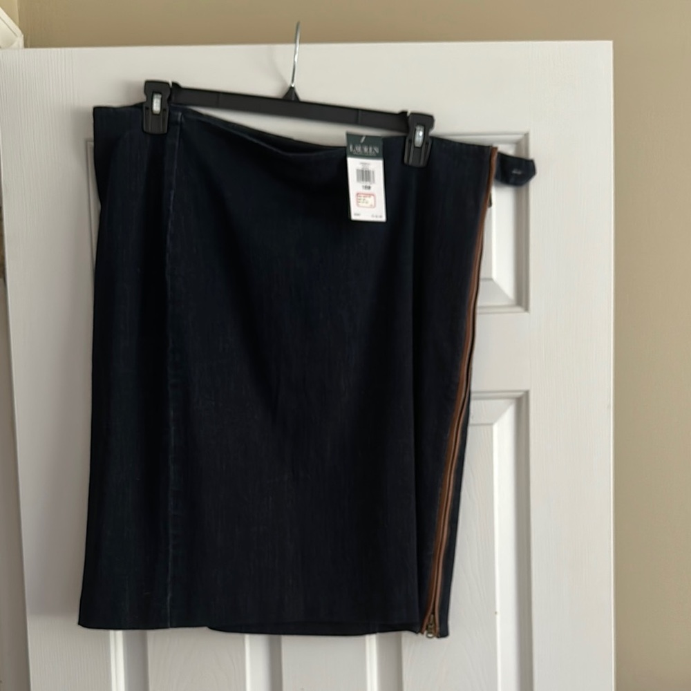 Lauren Ralph Lauren Denim Midi Pencil Skirt with Brown Leather Trim